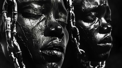 Faces covered in a dark, glossy substance and partially bound by chains, powerfully evoke the historical and ongoing struggles against enslavement and betrayal