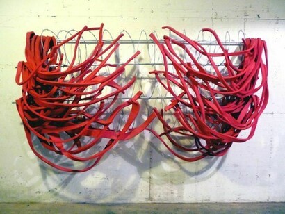 Robert Morris, Red Razor II, 2013, Felt, razor wire, aluminum poles, 96 x 120 x 18 inches