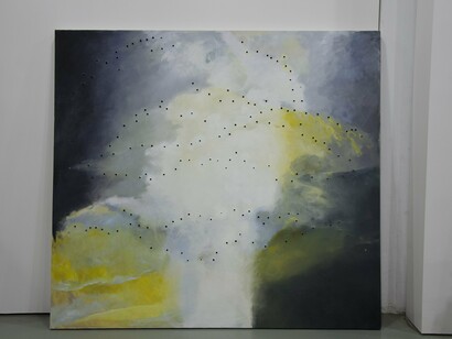 How to Compose a Poem, 2015, Oil
on canvas, 270 X 200, perforated with grommets