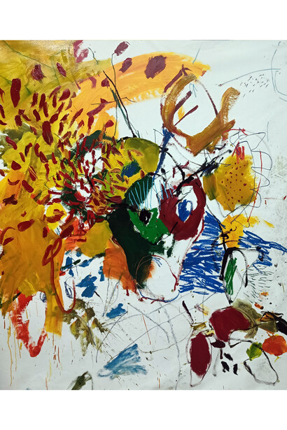 Luis Olaso, Composition for sunflowers and jug, 2023, oil, acrylic, oil bar and oil pastel on canvas, 200x160 cm. Courtesy the artist and JD Malat Gallery