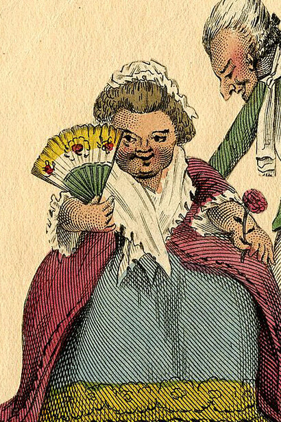 A fat woman standing full-length facing front, holding a fan with her right hand and a rose in her left hand; a man standing behind her to right, date 18th century