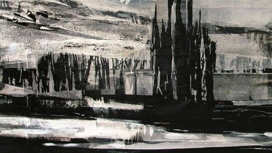 Paolo Picozza, Foresta di ghiaccio, 2008, Smalto e carta su carta feltro bitumata, foderata su tela, 194 x 594 cm, Copyright Studio Boys - Riccardo e Daniele Ragazzi, Courtesy l’artista