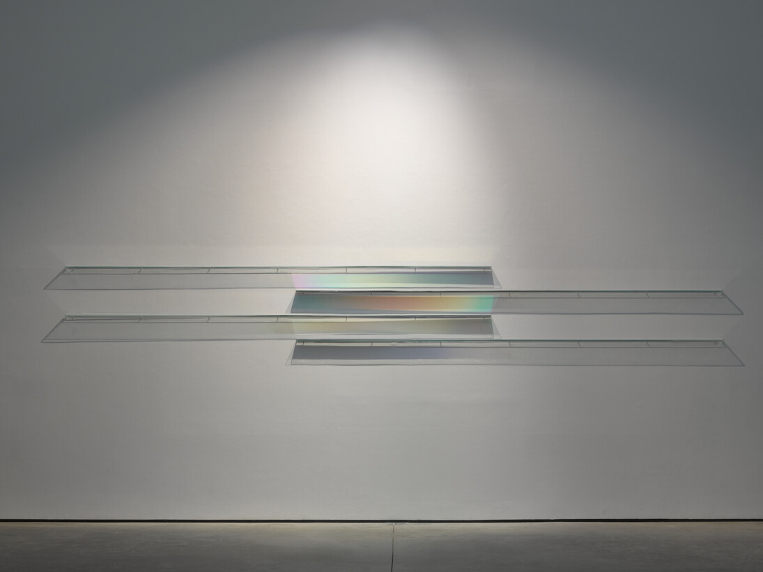 Gone but not Forgotten, 1969, Glass shelves coated with inconel, 4 shelves, each: 110 x 2 x 3/8 in. (279.4 x 5.1 x 0.6 cm)

