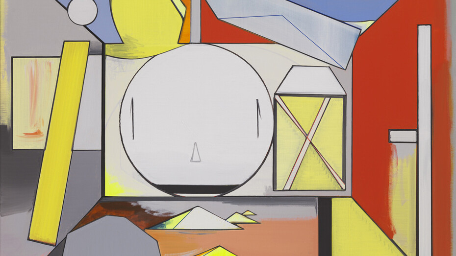 Thomas Scheibitz, Studio Lukretia, 2014, oil, vinyl, pigment marker on canvas, 74 3/4 x 94 1/2 inches; 190 x 240 cm. Courtesy the artist and Tanya Bonakdar Gallery, New York