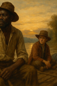 Jim and Huck drift along the Mississippi at twilight, a journey of survival, freedom, and uneasy companionship