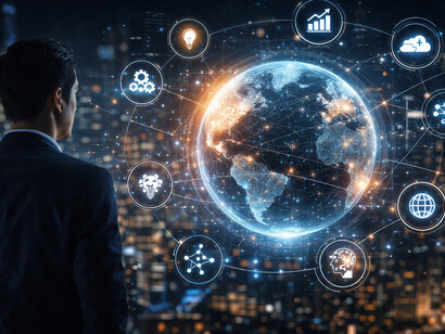 A business professional observes a dynamic digital globe, reflecting the complex networks and interconnected ecosystems driving innovation worldwide
