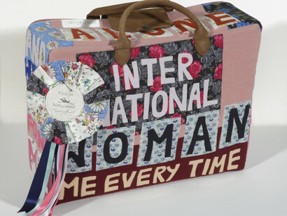 Tracey Emin (B. 1963), Art Object - Embroidered Case. International Woman, patchwork of embroidery and materials in the form of a suitcase - woollen blanket with cotton and cashmere, canvas, patchwork and appliqué, 2004, 445 x 530 x 180mm, signed and annotated on the label with a hand-drawn logo and place-name from the edition of 200. From William Weston Gallery