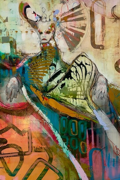 Dominic Besner I Will Wait for the Dawn of Exhile, 2021 Acrylic, Oil Stick, Modeling Paste, China Marker and Spray Paint, 40 x 30 x 2.50 in