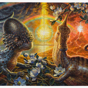 Thomas Woodruff,
Penumbral Pavane, 2023.
Acrylic on canvas,
Three panels, 60 x 72 inches (152.4 x 182.9 cm) overall
© Thomas Woodruff; Photo by Argenis Apolinario; Courtesy the artist and Vito Schnabel Gallery