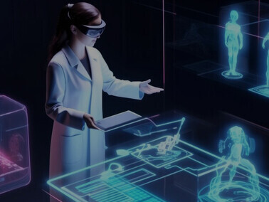 Individual employing AR technology for occupational tasks within a virtual laboratory