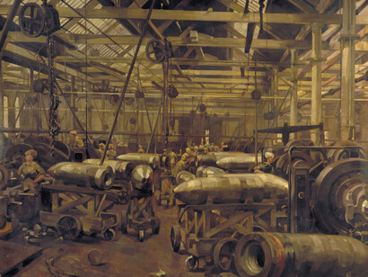 Shop for Machining 15-inch Shells: Singer Manufacturing Company, Clydebank, Glasgow, 1918, by Anna Airy, ©IWM ART 2271