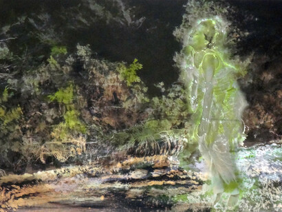 Christine Barbe, Panoramic, series, L’imaginaire des lieux (Imaginary places), 2014/2015 Paint, ink, ballpoint pen and mixed media on photograph, printed on canvas, 70 x 140 cm Courtesy Galerie Eric Mouchet