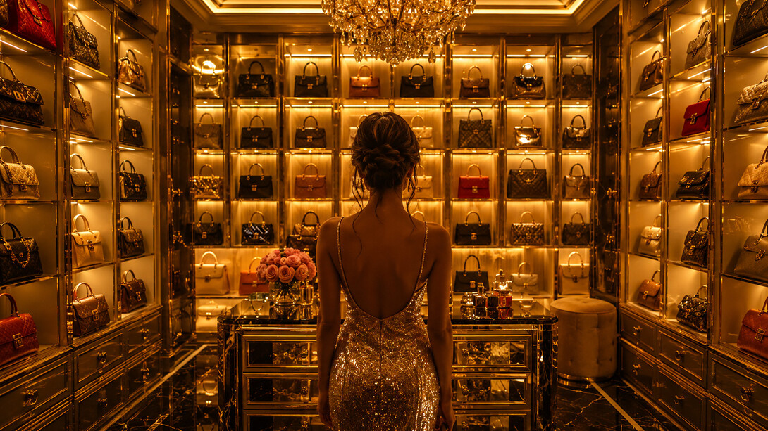A woman gazing into a room lined with iconic bags, symbolising her first glimpse into the life she secretly desired