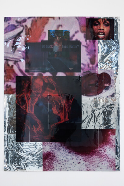 Ebun Sodipo, Let the body be a blade, 2023, mylar, digital paper print, and epoxy resin, 160x120x1 cm, unique. Photographer: Moritz Schermbach. Courtesy of Vitrine, Basel
