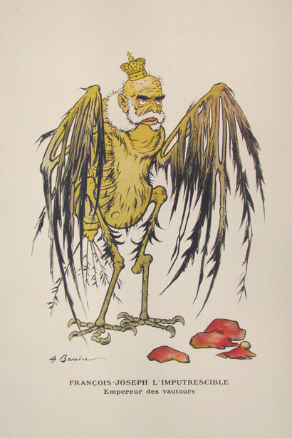 Adrien Barrère (French, 1874–1931)
Francois-Joseph L'Imputrescible, Empereur des Vautours, (Franz-Josef the incorruptible, emperor of the vultures), 1915 Lithograph on paper, 31 x 23 5/8 inches. Georgia Museum of Art, University of Georgia; Gift of Murray and Nancy Ann Blum
