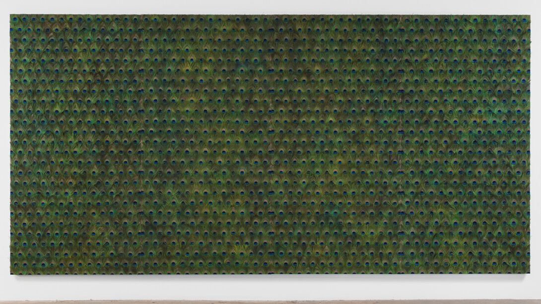 Carol Bove, Untitled, 2014, Peacock feathers and UV filtering acrylic on linen, 4 part sculpture, 96 1/2 x 194 x 5 inches (245.1 x 492.8 x 12.7 cm). Courtesy David Zwirner, New York/London