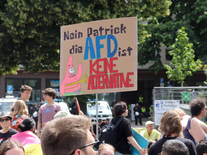 Anti-AfD demonstrators gather in Marburg, Germany, holding up signs and placards