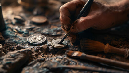 An archaeologist gently cleaning a coin, conveying the enduring legacy of the Benin Kingdom’s craftsmanship