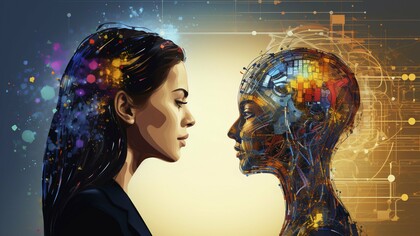 A symbolic encounter between human consciousness and artificial intelligence, representing the need for balanced integration to ensure a harmonious, evolving future