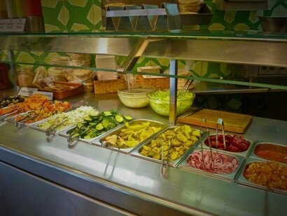 The buffet at Maoz Vegan, Amsterdam is filled with tasty and healthy options