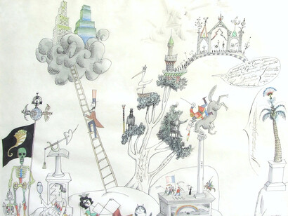 Allegory, 1963, Ink, watercolor on paper, 22 ¼” x 28 ¾”, Provenance: Sidney Janis Gallery, New York, Exhibited: Saul Steinberg (traveling retrospective), Whitney Museum 1978; Saul Steinberg Illuminations (traveling retrospective) J.P. Morgan Library 2006. Illustrated in both catalogs. Private Collection © The Saul Steinberg Foundation/ARS, NY