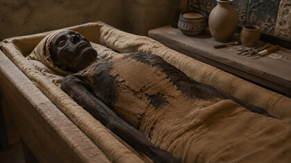 Ancient mummified remains displayed in a museum conservation setting, revealing remarkably preserved textures, fragile linen wrappings, and traces of ancient script from a civilization thousands of years old