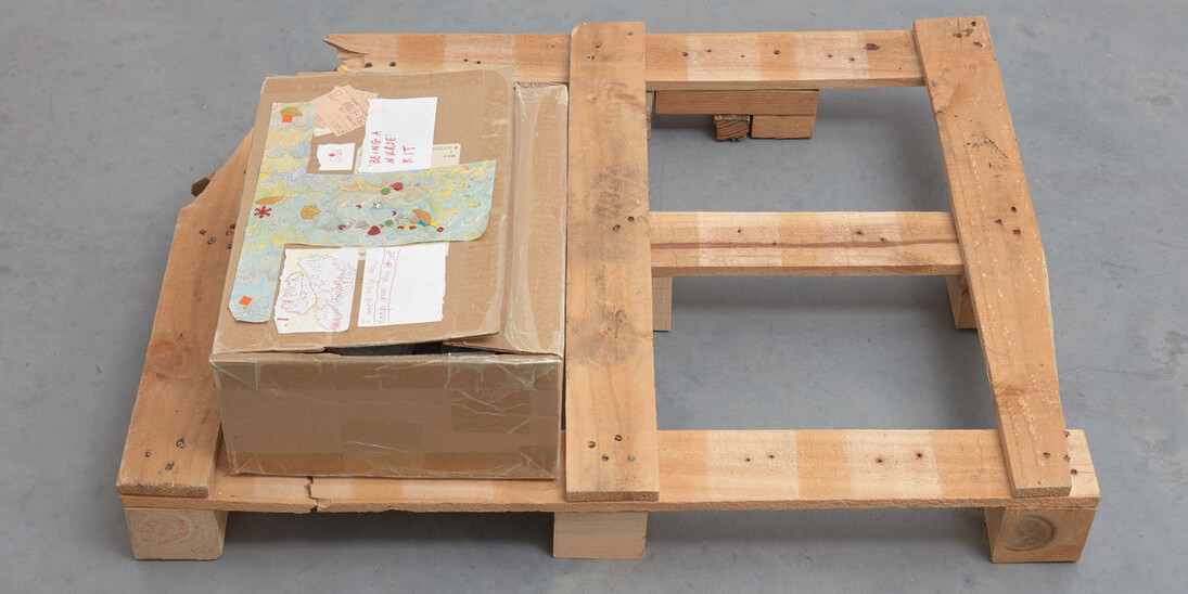 Susan Cianciolo, Being a Nurse Kit, 2015, cardboard boxes with wood blocks, popsicle sticks, drawings, photographs, fabricated insect wings, nurse costume, 35.5 x 93.5 x 54.5 cm, 14 x 36 3/4 x 21 1/2 ins, (MA-CIANS-00011) courtesy Stuart Shave/Modern Art, London 