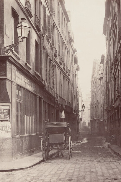 Charles Marville, Rue Saint-Germain l'auxerrois de la rue des Prêtres (Rue Saint-Germain l'Auxerrois from Rue des Prêtres) (detail), ca. 1865. Courtesy of De Young Museum