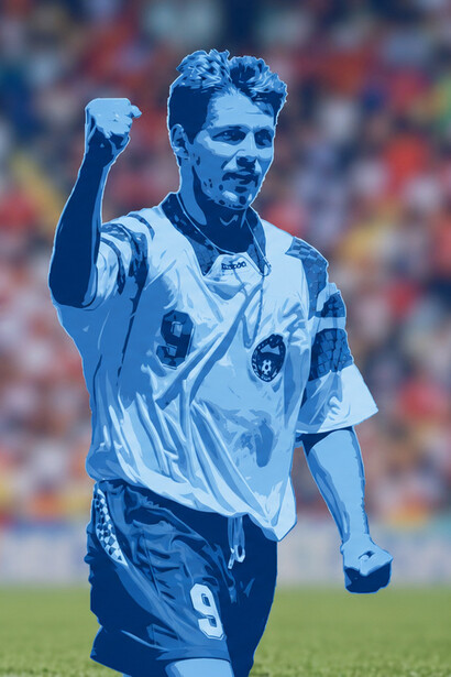 Oleg Salenko erzielte innerhalb der regulären Spielzeit von 90 Minuten fünf Tore und wurde damit zur Sensation. Bild: Oleg Salenko während der Fußball Weltmeisterschaft 1994