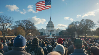 Una folla si riunisce al National Mall a Washington, D.C., con la bandiera degli Stati Uniti e il Campidoglio sullo sfondo