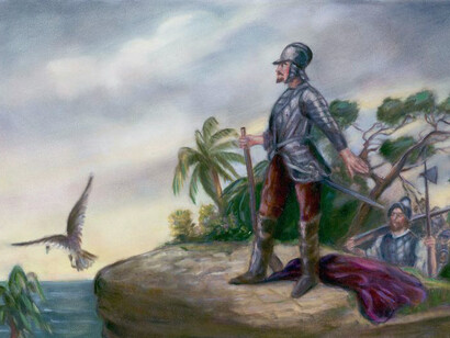 Balboa asomándose al Pacífica tal y como lo pintó Clyde O. De Land en 1911