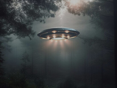 A surreal, luminous spacecraft hovers gracefully above an eerie, ancient forest