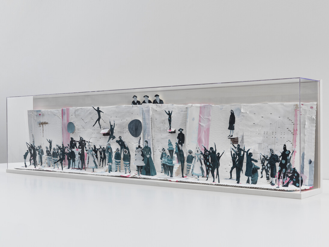 Marcel Dzama, The long blue line, 2013,Cardboard, tape, gouache, and graphite, Diorama: 14 x 56 1/8 x 7 inches (35.6 x 142.6 x 17.8 cm), Cardboard: 12 1/2 x 54 x 5 inches (31.8 x 137.2 x 12.7 cm). Courtesy David Zwirner, New York/London