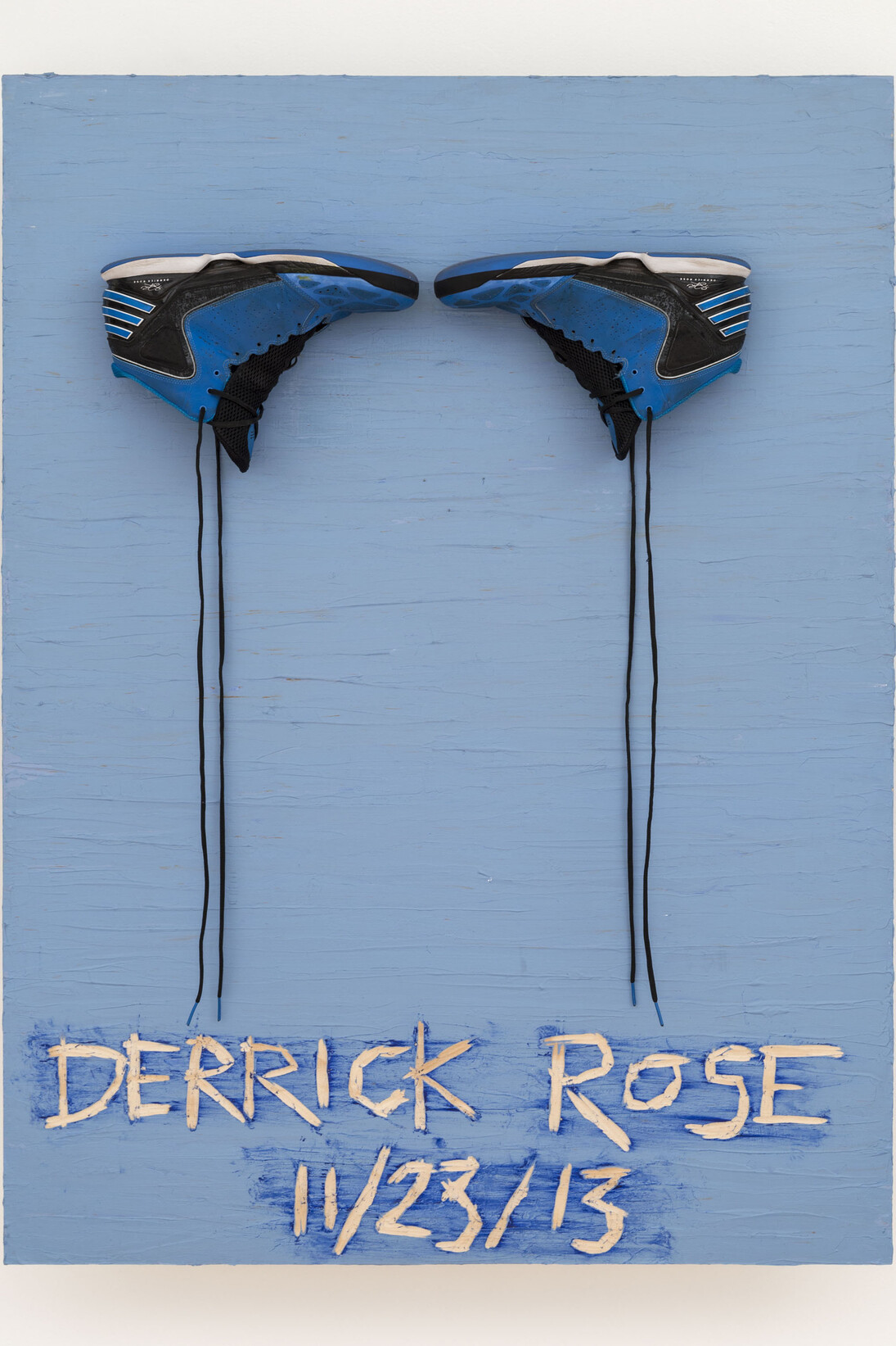 Kevin Mack, Memento Mori in Blue, 2014, Plywood, gesso, acrylic, stain, oil pastel, Adidas Derrick Rose 773 basketball shoes (worn by the artist), 48” x 36” x 12”  