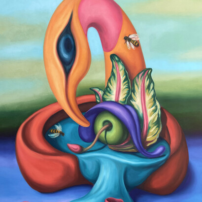 Kora Moya Rojo, Tu Perfume Rosa, Ave Suntuosa (dettaglio), 2022, olio e acrilico su tela, 120x100 cm
