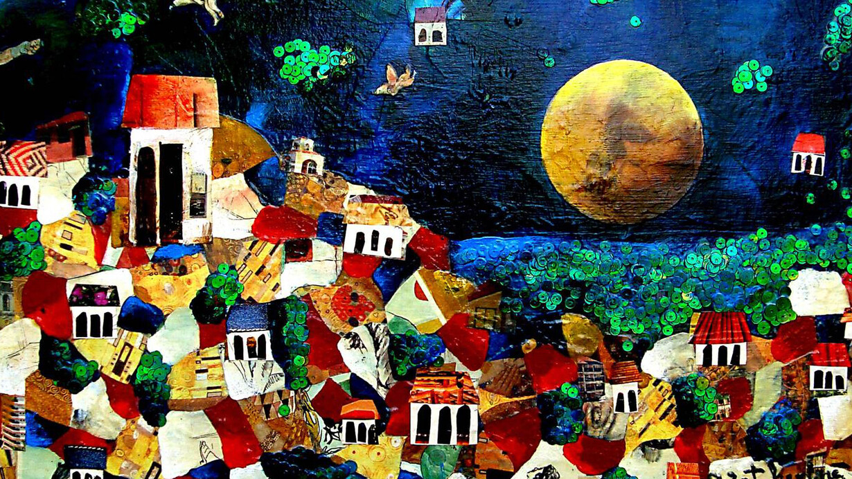 Katherine Camargo, Angels in the Sky, Acrylic & Collage on Canvas, 19.5" x 31.5"