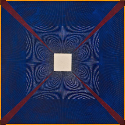 Mary Judge, Agro Blue, 2014, flashe, graphite, white charcoal pencil on linen mounted on board, 30 x 30 inches
