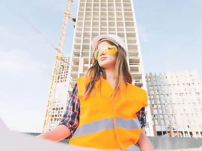 Woman diligently studying construction draft on-site, accompanied by blueprint, showcasing commitment to project success