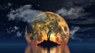A spooky tree silhouetted against the glow of a large, haunting moon