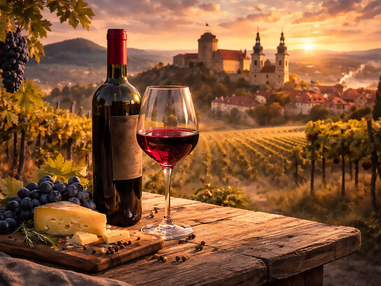 Egri Bikavér at golden hour, where Hungary’s legendary Bull’s Blood meets the rolling vineyards of Eger in a moment of quiet elegance