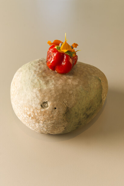 Porción de Ají Margariteño relleno de tartar de langostinos y guanciale