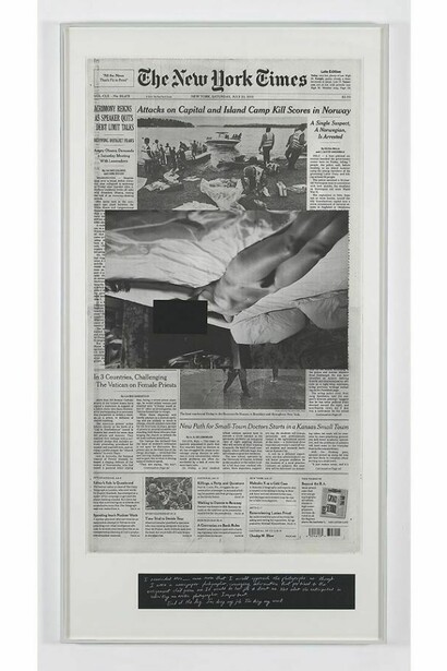 Leigh Ledare, An Invitation: Saturday, July 23, 2011, 2012, Photolithograph on archival newsprint, silkscreen and pencil, 91 1/4 by 47 3/4 in. 231.8 by 121.3 cm