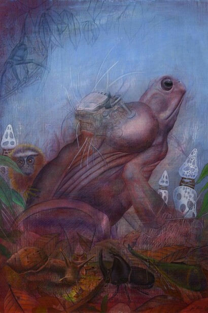 Sapo del Yasuni, color pencil, acrylic on wood, 23.75” x 17.75” unframed, 26” x 20” framed