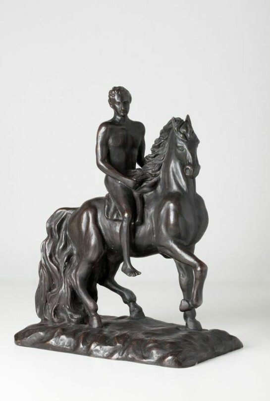 Giorgio de Chirico (1888-1978), Ippolito (Greek Ephebe on Horseback), 1969, Dark patinated bronze, 46 x 21.5 x 36 cm, Private collection. Courtesy Galleria d’Arte Maggiore, Bologna (Italy)