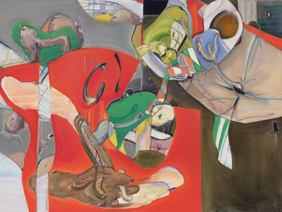 Stefanie Heinze, Junks (self-portrait as bonechewer), 2021, oil and acrylic on canvas,
170 x 235 cm, 66 7/8 x 92 1/2 in. Courtesy of the artist and Pippy Houldsworth Gallery