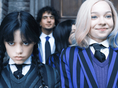 Wednesday and her school friend Enid Sinclair a high school student in Angel Grove, Jenny Ortega and Emma Myers American actresses
