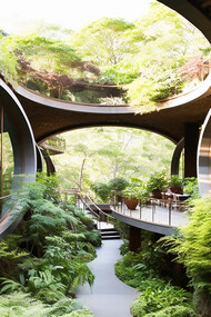 Experience biophilic design at its finest with a stunning view of city apartment buildings nestled amidst lush green vegetation, showcasing the harmonious integration of nature and architecture
