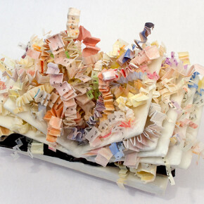 Deborah Winiarski, Lines Written II, 2012, encaustic, kozo paper, plaster, wood, book cover, 6” x 11” x 7”