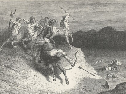 Canto XII, I centauri che sorvegliano i dannati nel Flegetonte, violenti contro il prossimo. Gustave Doré, illustrazione dell'Inferno di Dante, 1861