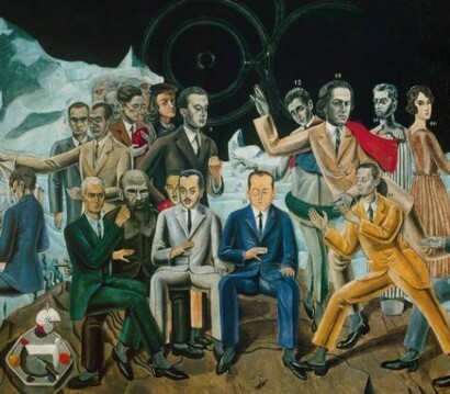 Los surrealistas y sus padrinos se dan cita en Reunión de amigos, de Max Ernst (1922)Óleo sobre lienzo, 130 x 195 cm. Museum Ludwig, Colonia. De pie, de izquierda a derecha: Philippe Soupault, Jean Arp, Max Morise, Rafael Sanzio, Paul Éluard, Louis Aragon, André Breton, Giorgio de Chirico y Gala Éluard. Sentados, de izquierda a derecha: René Crevel, Max Ernst, Fiódor Dostoyevski, Théodore Fraenkel, Jean Paulhan, Benjamin Péret, Johannes Theodor Baargeld y Robert Desnos.